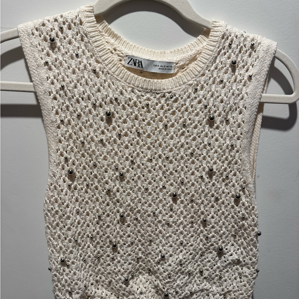 Zara Ivory Sleeveless Knit Top with Stud Details